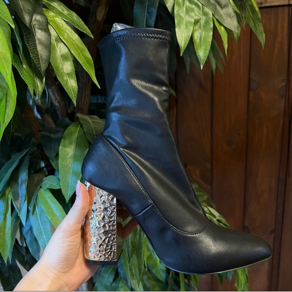 Qupid Black Faux Leather Ankle Sock Booties w/ Gold Block Heels